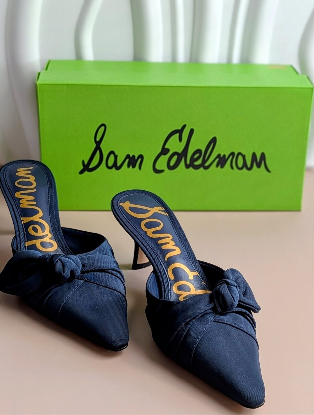 Sam Edelman Bex Navy Moire Knot Mule Heels Size 8 NIB